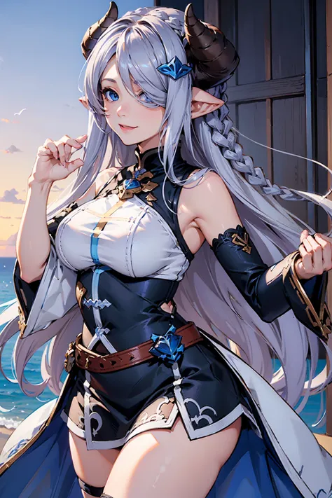 (((1 female))), ((detailed blue eyes)), ((silver long hair)), large breasts, perfectly drawn body, narmaya, charming smile, mini...