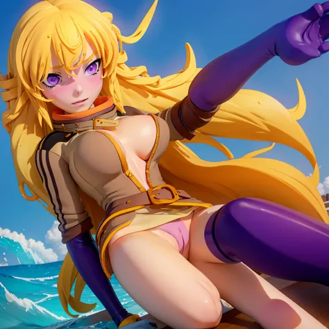 Anime girl. Long yellow blonde hair. purple eyes. Wet skin. Nude, no clothing. Massive breasts. nipples. Laying on back. ((Legs spread apart)) Vulva, vagina. 1girl. Solo. Beach. Ocean. Water. Wet skin. Arms above head. :Character: Yang Xiao Long