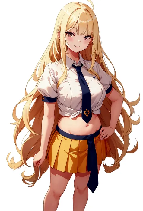 Blonde、long hair、upright stance、full body、Fighter、Belly out、American、Short skirt、shirt、tie、front、Short sleeve、woman、Tree Eyes、White background、Simple Background、smile、tall、flipped hair、Belly out、parted bang、messy hair