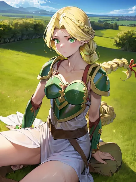 masterpiece,best quality, 1girl, 18yo, beautiful girl,BREAK,(Armor:1.8),(Beautiful blonde,braid,Green Eyes:1.5),(She falls from the sky:1.4),