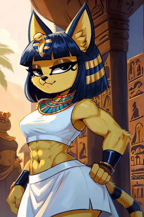 ((best quality)), ((masterpiece)), (detailed), a digital sideview artwork of a long-haired ankha with abs wearing a crop top of her white sleeveless dress with white long skirt, a bare midriff and a bare navel, ((trending on artstation)), ((4k)), furry, an...