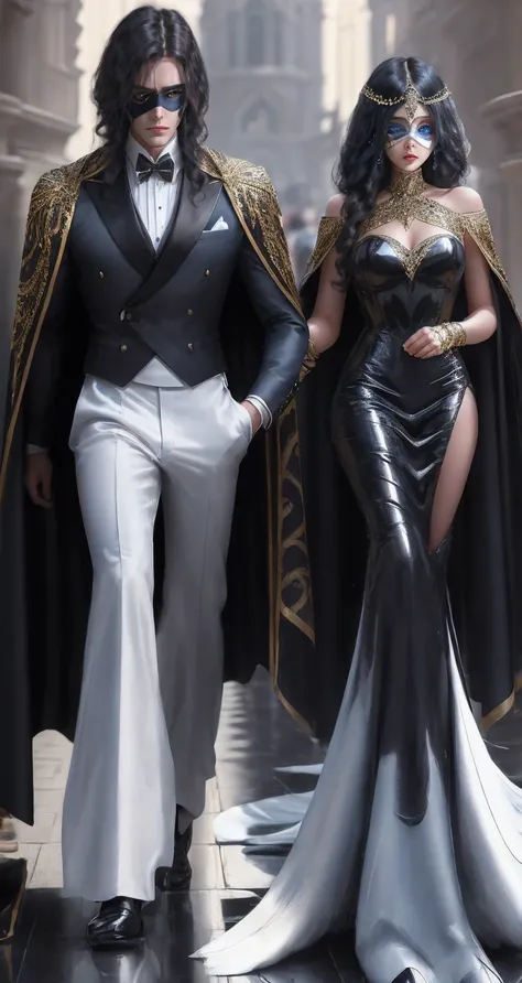 A handsome man with wavy dark-brown hair wearing a satin black tux with matching cape.  Covering his eyes is a white domino eye-mask beside him is a girl with blue eyes and  long white hair. Only the girl wears a gold dress