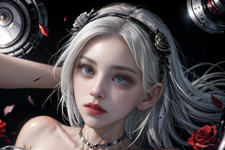 Cute girl, battle scene, pretty eyes, cool expression, white hair, full body shot, seductive, portrait quality, 8K resolution, rich details, small round face, maid, hand cupped face, rose hair accessory ,showing , fair skin, mood lighting, aperture f/1.2, ...