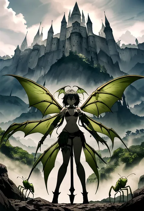 Anime Style.Fantasy World.Female Demon of the Demon King&#39;s Army.pretty girl.Has the abilities of a praying mantis.It has mantis wings on its back,The bikini is green.Has a large scythe weapon.The background is Devils Castle

