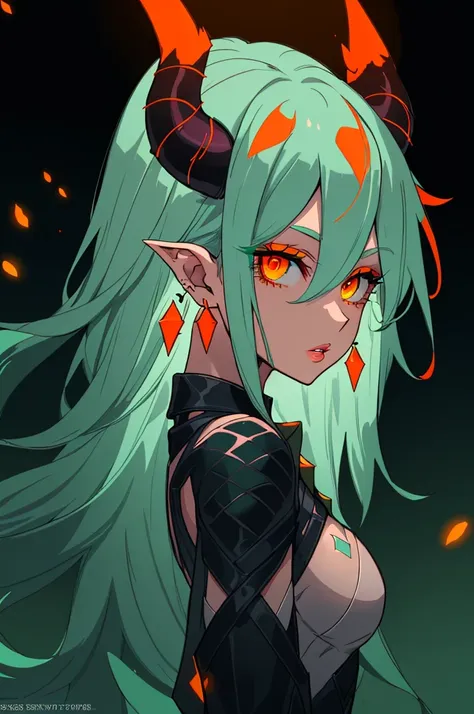 blacklightdskStyle, 1girl, solo, long hair, looking at viewer, hair between eyes, jewelry, medium breasts, upper body, earrings, parted lips, green hair, horns, from side, lips, orange eyes, eyelashes, aqua hair, glowing, demon horns, glowing eyes, masterp...