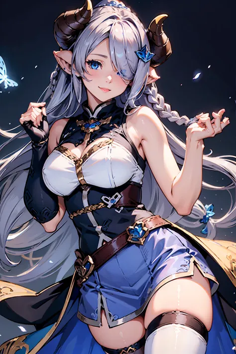 (((1 female))), ((detailed blue eyes)), ((silver long hair)), large breasts, perfectly drawn body, narmaya, charming smile, mini...