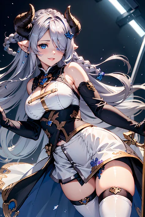 (((1 female))), ((detailed blue eyes)), ((silver long hair)), large breasts, perfectly drawn body, narmaya, charming smile, mini...