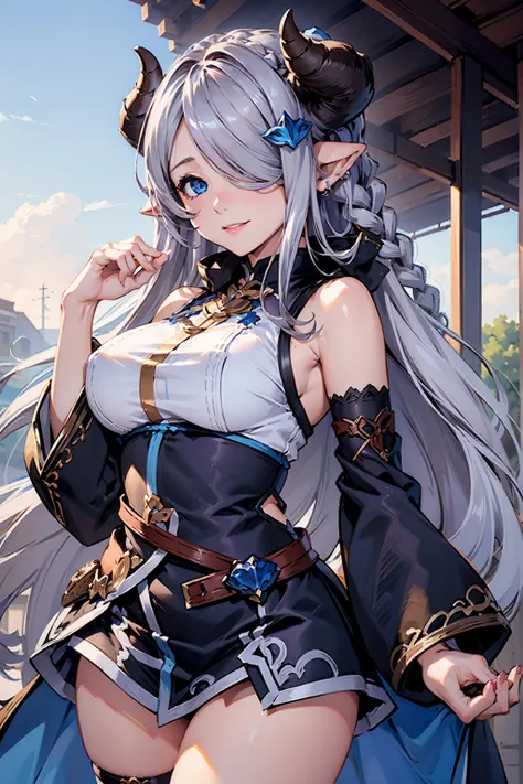 (((1 female))), ((detailed blue eyes)), ((silver long hair)), large breasts, perfectly drawn body, narmaya, charming smile, mini...