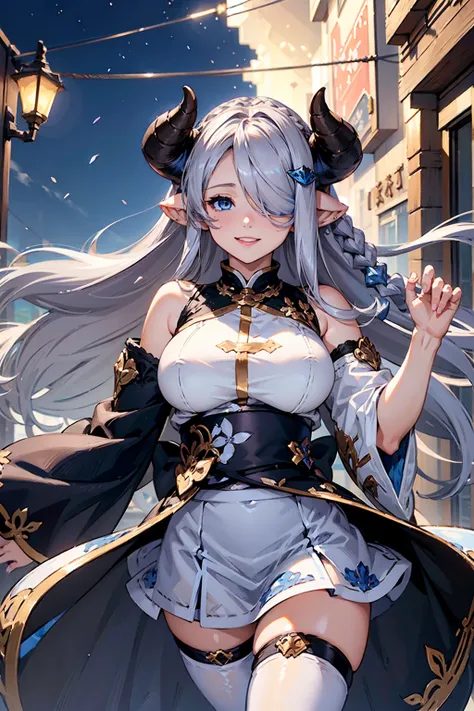 (((1 female))), ((detailed blue eyes)), ((silver long hair)), large breasts, perfectly drawn body, narmaya, charming smile, mini...