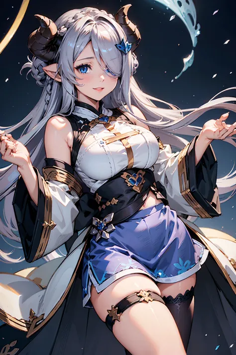 (((1 female))), ((detailed blue eyes)), ((silver long hair)), large breasts, perfectly drawn body, narmaya, charming smile, mini...