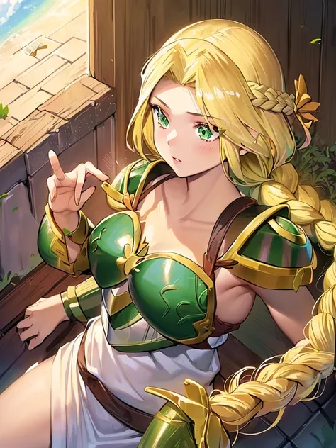 masterpiece,best quality, 1girl, 18yo, beautiful girl,BREAK,(Armor:1.8),(Beautiful blonde,braid,Green Eyes:1.5),(She flies in the sky:1.4),