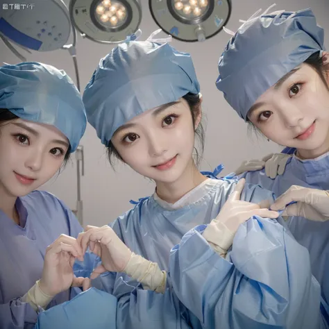 medium shot, 3 girls, smiling, beautiful japanese female doctor wearing surgical outfit, beautiful detailed face, japanese woman...