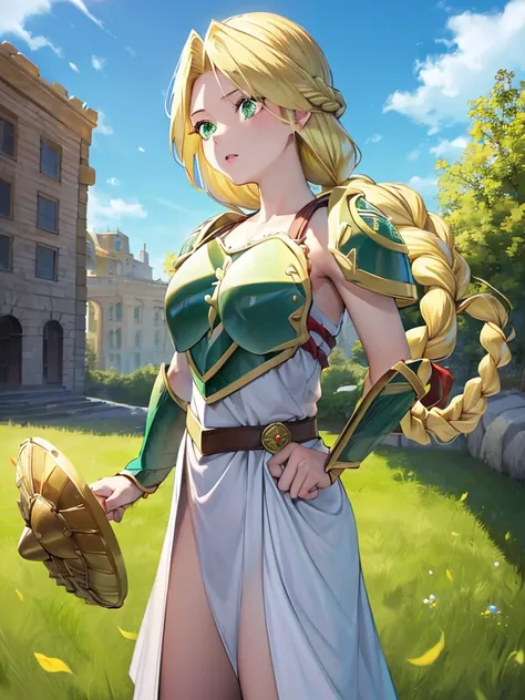 masterpiece,best quality, 1girl, 18yo, beautiful girl,BREAK,(Armor:1.8),(Beautiful blonde,braid,Green Eyes:1.5),(blue sky:1.4),