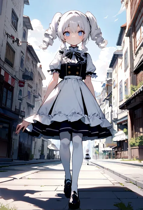 masterpiece, long white hair, city, full limbs, delicate face, white color hair, double ponytail curls, blue color eyes, white lolita, long distance shot, white stockings latest fashion  uniform, silver hair, cute anime waifu,