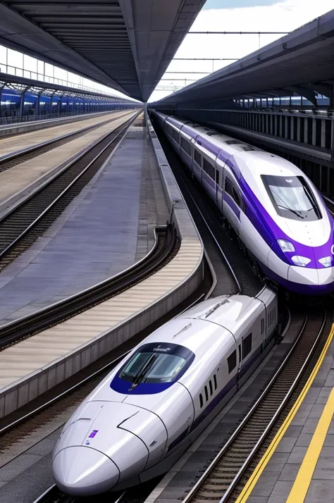 high speed train White with purple-blue stripes