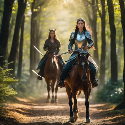 Beautiful elfen woman riding horse and holding a swords on the path in mythical forest, bokeh background, sharp focus, highly detail, 8k UHD