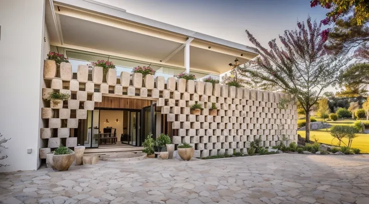 the exterior of a 1-storey house decorated with stacked stone mortars, trees, flower trellises, ricardo bofill style, super deta...