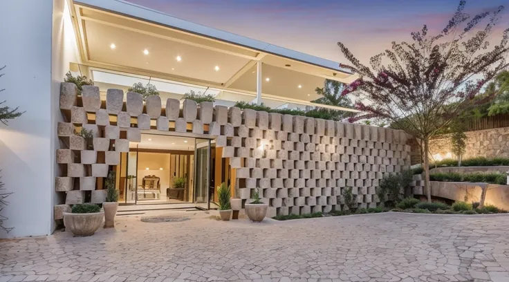 the exterior of a 1-storey house decorated with stacked stone mortars, trees, flower trellises, ricardo bofill style, super deta...