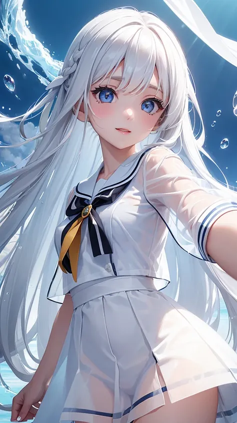 (see-through:1.3),white serafuku,sailor dress, white theme,, sailor suit, looking at viewer,  insanity, messy long hair, beautif ul detailed eyes,Hair glows,dramatic angle,blue sailor collar, perky breasts,light smil e,partially underwater shot...is gojo s...