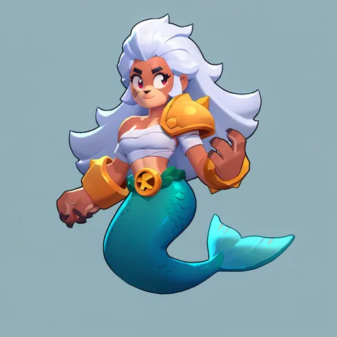 full body view of a furry mermaid, furry animal, female, long hair, red and white color, having steel shoulder pads, brawl, brawl stars 