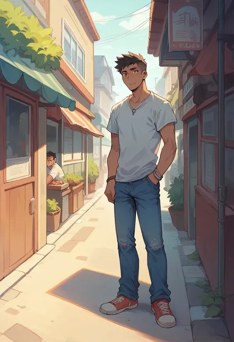 There is a boy in tshirt and jeans standing in a Indian village street.