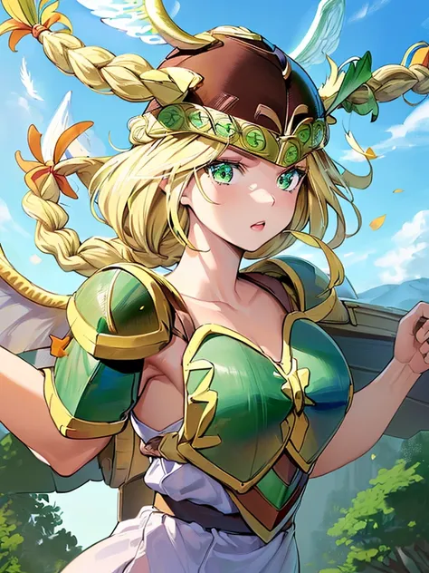 masterpiece,best quality, 1girl, 18yo, beautiful girl,BREAK,(Armor:1.8),(Helmet with wings:1.7),(Beautiful blonde,braid,Green Eyes:1.5),(blue sky:1.4),(She descends from the sky:1.3)