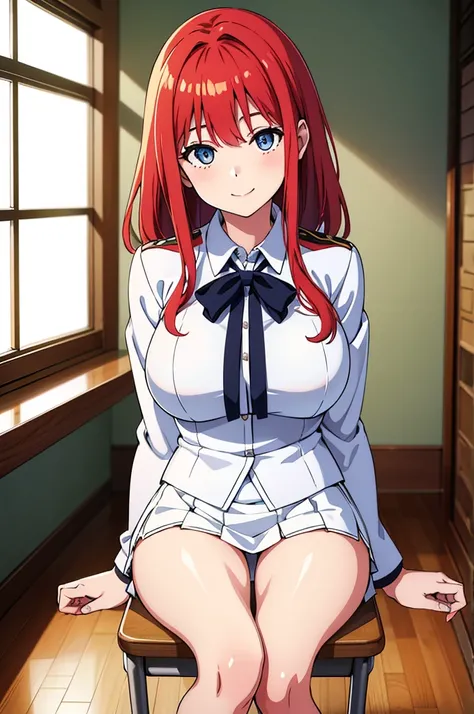 Highest quality, White skin, Ultra-high resolution, 8K, One Girl, slim, (Gentle, goddess-like eyes) ,classroom、uniform、skirt,Smile、Redhead、Shortcuts、cute、Sit on a chair、Large breasts,