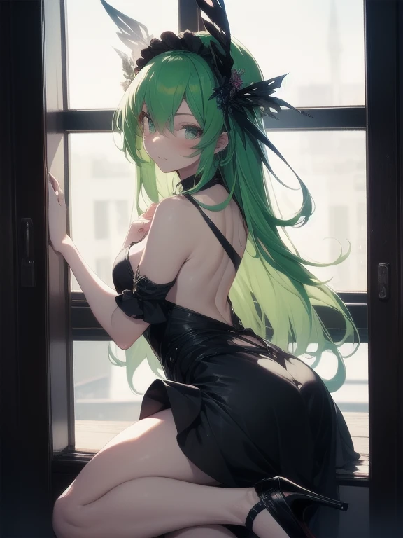 図, a sexy and nude lady with green hair posing on a window sill, solo, green hair, 1girl, maid, long hair, ass, high heels, maid headdress