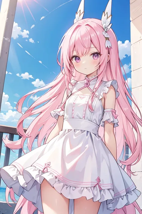 Alcanevi, A woman with long pink hair wearing a white sheer dress, Woman&#39;s face, Unreal Engine Character Art, Portraiture((Toddler girl))　((5 years old))((naked))　((nsfw))Cherry blossom tree background、She lifts the skirt of her white open-chested mini...