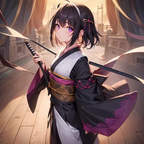 
1girl, ahoge, simple background, black bow, black legwear, purple eyes, bow closed mouth, black hairband, haori highres, holding katana, japanese clothes, white kimono long sleeves, short black skirt, looking at viewer, white hair sash, short hair, short ...