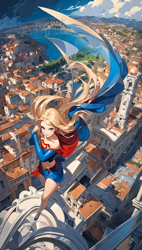 view from above supergirl character, flying over a nice Italian city (art inspired in Bill Sienkiewicz). oil painting)
