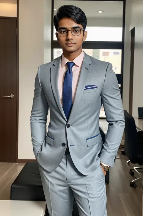 21 years old indian boy with fair skin and wearing spectacles and narrow body posing for a LinkedIn in formals close shoot