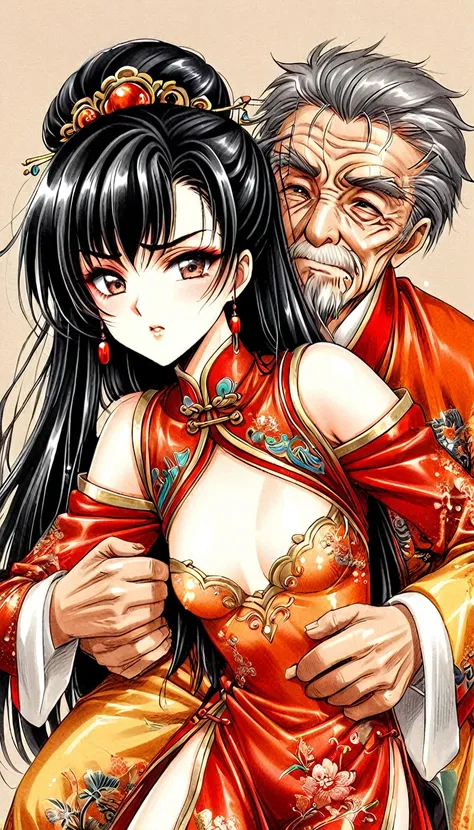 Beautiful 15 year old Chinese Kung Fu girl princess with long black hair　Gorgeous embroidery, Ultra glossy, She is wearing shiny red long sleeve floral pajamas....　She is forced to embrace an old man in front of her lover.