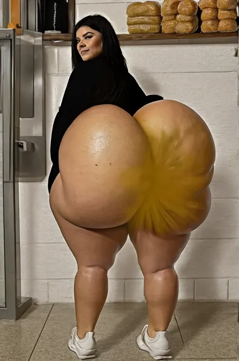 Step mom fart brown stanky poop from her ass  leans over a display case filled with donuts. ((she has black hair in a short hier)). (she has thick thighs), and (((she has a huge butt))). Her calves are normal sized. Her feet are normal sized. Shes wearing ...