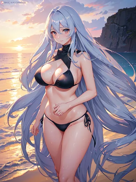 A beautiful anime girl with long flowing hair, standing on a beach in the evening, wearing a skimpy wet bikini that clings to her voluptuous figure, her skin glistening with sweat, in a dynamic anime art style, highly realistic, masterfully detailed, 8K, p...