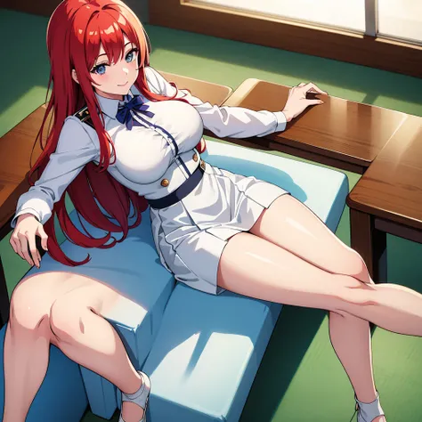 Highest quality, White skin, Ultra-high resolution, 8K, One Girl, slim, (Gentle, goddess-like eyes) ,classroom、uniform、skirt,Smile、Redhead、Shortcuts、cute、Sit on a chair、Large breasts,