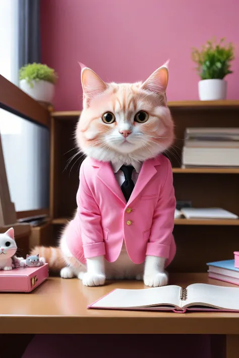 A cat in a pink suit gazing at me from across a desk、No tie、Cute Characters、Center composition、looking at the camera、