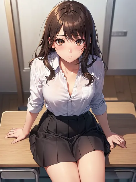 ((Tabletop, Highest quality, High resolution, Hmph, Pixel perfect, 4K, Hmph, Hmph))), One Girl, single, alone, Beauty、The whole body is visible、 ((Medium length wavy hair, bangs, Brown Hair)), ((Brown eyes, Beautiful eyelashes, Realistic eyes)), ((Detailed...