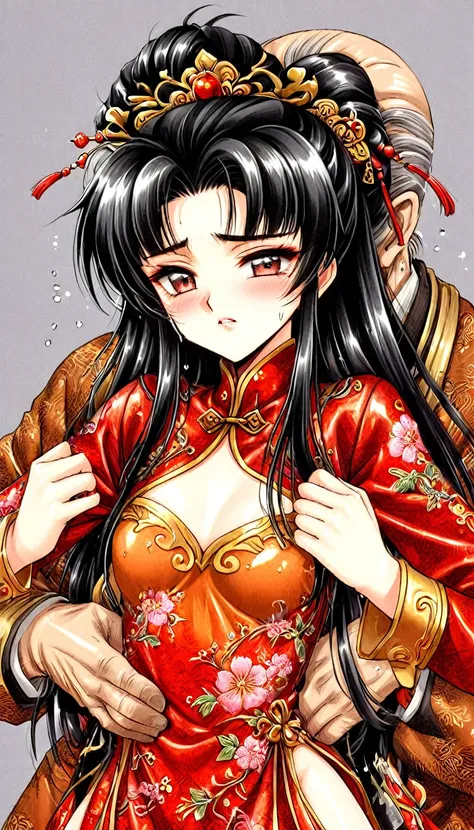 Beautiful 15 year old Chinese Kung Fu girl princess with long black hair　Gorgeous embroidery, Ultra glossy, She is wearing shiny red long sleeve floral pajamas....　She is forced to embrace an old man in front of her lover.