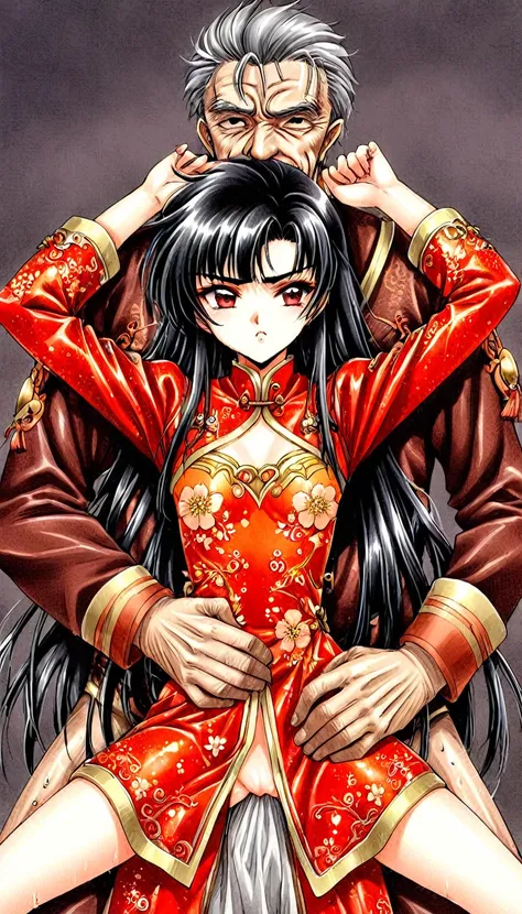 Beautiful 15 year old Chinese Kung Fu girl princess with long black hair　Gorgeous embroidery, Ultra glossy, She is wearing shiny red long sleeve floral pajamas....　She is forced to embrace an old man in front of her lover.