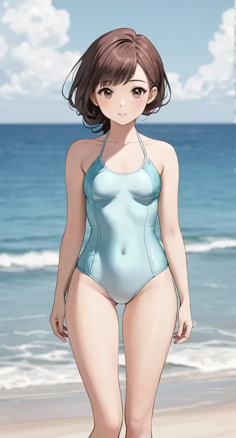 A young lady in a swimsuit standing on the beach