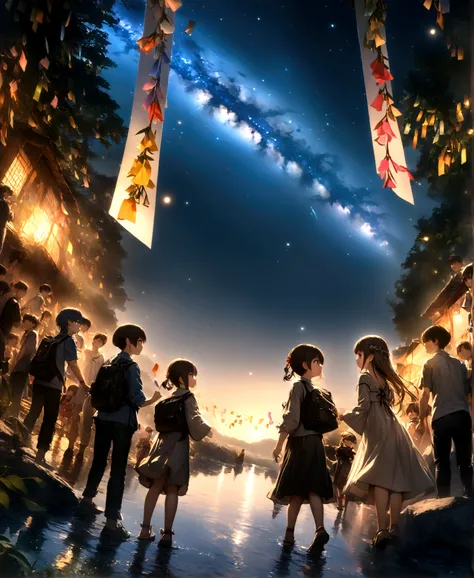 ((32k)), ((best quality)), ((ultra high res)), ((HDR)), ((uhd)), ((extremely detailed CG)), ((unity 32k wallpaper)), Tanabata, milky way, Cute Girls, Cute Boys, Gazing at each other, riverbed of a large river, A large number of passers-by, 