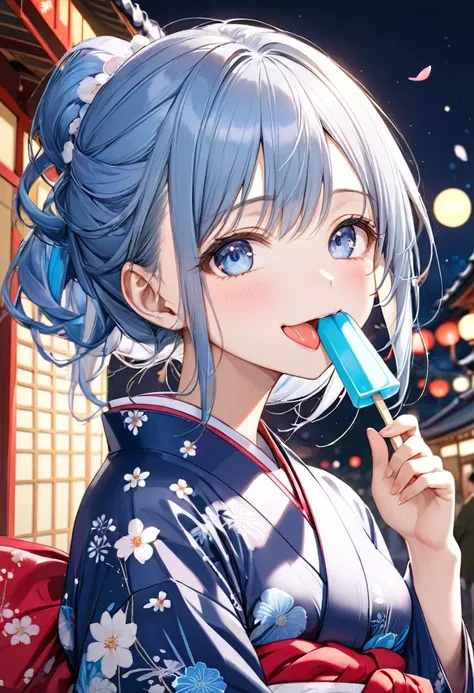 (frontale pov, Stretching out sexy tongue, sexy kiss and Lick:1.2 a popsicle) (solo:2, 15 yo forehead blue hair long hair lovely girl, cute blue eyes, love smile), (in a cute yukata), break, (in the night Japanese festival venue), BREAK, perfect anatomy, m...