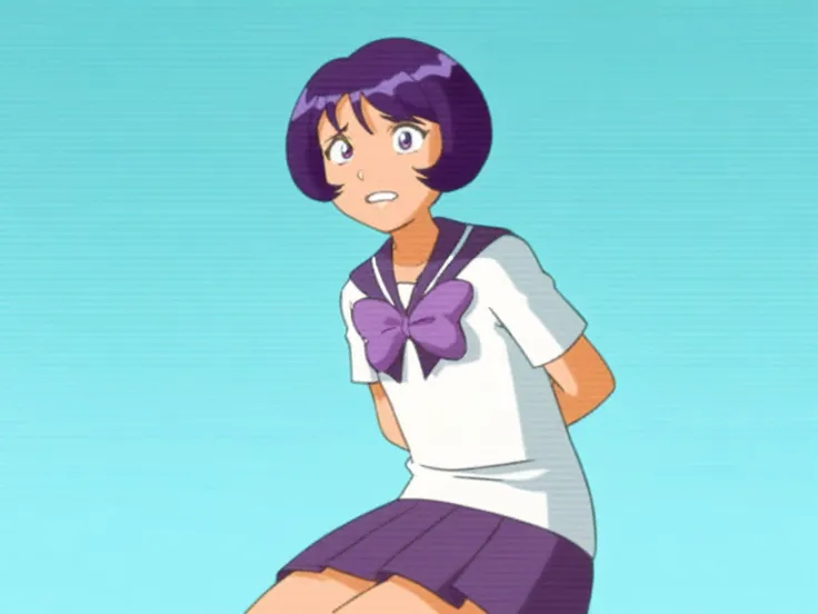 madison from totally spies is a female sailor in a short skirt and a white shirt, fubuki, as an anime character, misato katsuragi, inspired by Unichi Hiratsuka, shiro takatani, she has purple hair, panty shot, large breast, purple bra, purple lipstick tube...