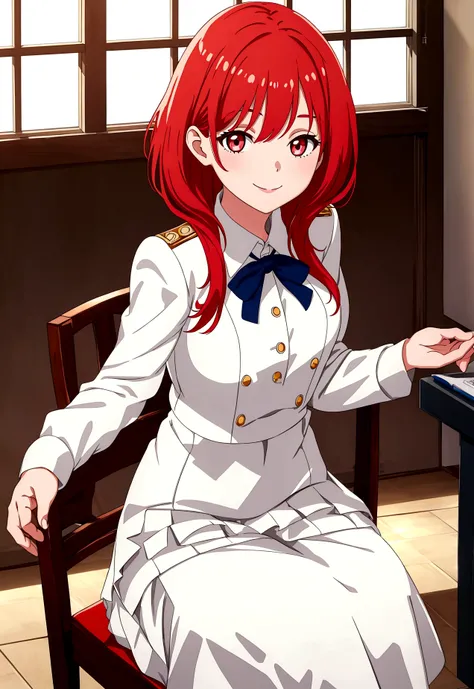 Highest quality, White skin, Ultra-high resolution, 8K, One girl, delicate, ,classroom、uniform、skirt,Happy,Smile、Redhead、Shortcuts、cute、Sit on a chair、Normal chest,