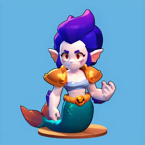 full body view of a furry mermaid, furry animal, female, long purple hair, red and white skin, having steel shoulder pads, brawl, brawl stars