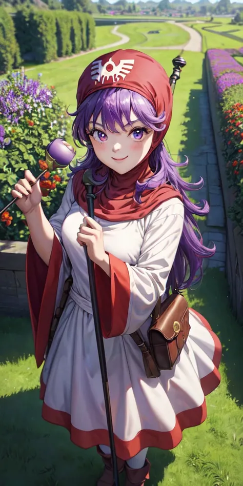 masterpiece, best quality, 4k, 8k, dqPom, red hood, purple hair, robe, upper body, standing, holding staff, sky, garden, looking at viewer, from above, smile