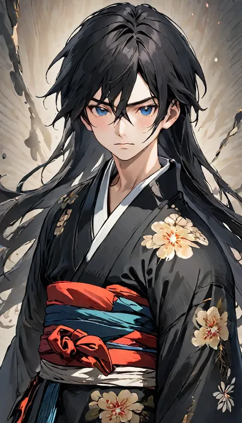 Highest quality、masterpiece、wallpaper、warrior、wild warrior、Tattered kimono:1.5、Dirty appearance、Male, 35 years old. Long black hair、Dirty Face:1.5、Stubble、 Sharp eyes、anger、Full body angle、Portrait、