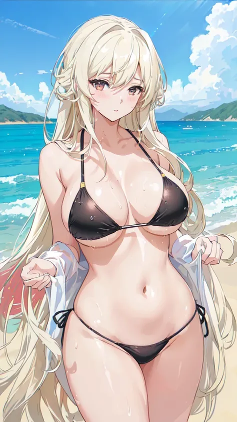 A beautiful anime girl with long flowing hair, standing on a beach in the evening, wearing a skimpy wet bikini that clings to her voluptuous figure, her skin glistening with sweat, in a dynamic anime art style, highly realistic, masterfully detailed, 8K, p...