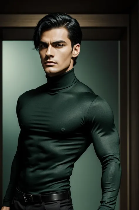 {masterpiece, best quality}, masculine figure, angular jawline, black hair, split head, black hair with green highlights, black turtleneck.